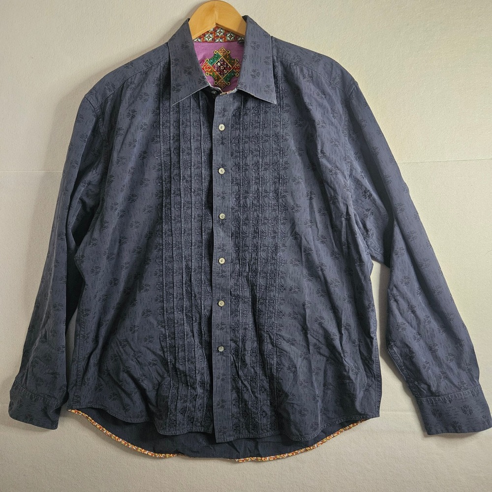 Robert Graham Men 2XL Navy Blue Floral Jacquard Pintuck Long Sleeve Button Shirt